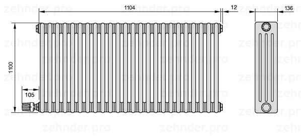 Схема (чертеж) Радиатор Zehnder Charleston 4110/24 №V003 Белый глянцевый RAL 9016